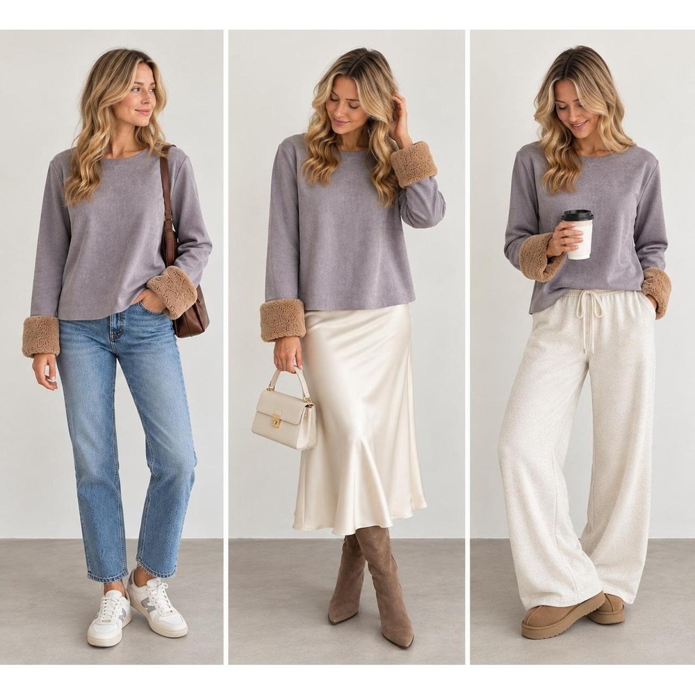 Zara Faux Suede Fur Cuff Top Gray Taupe Long Sleeve Y2K Boho Size M - Picture 2 of 6